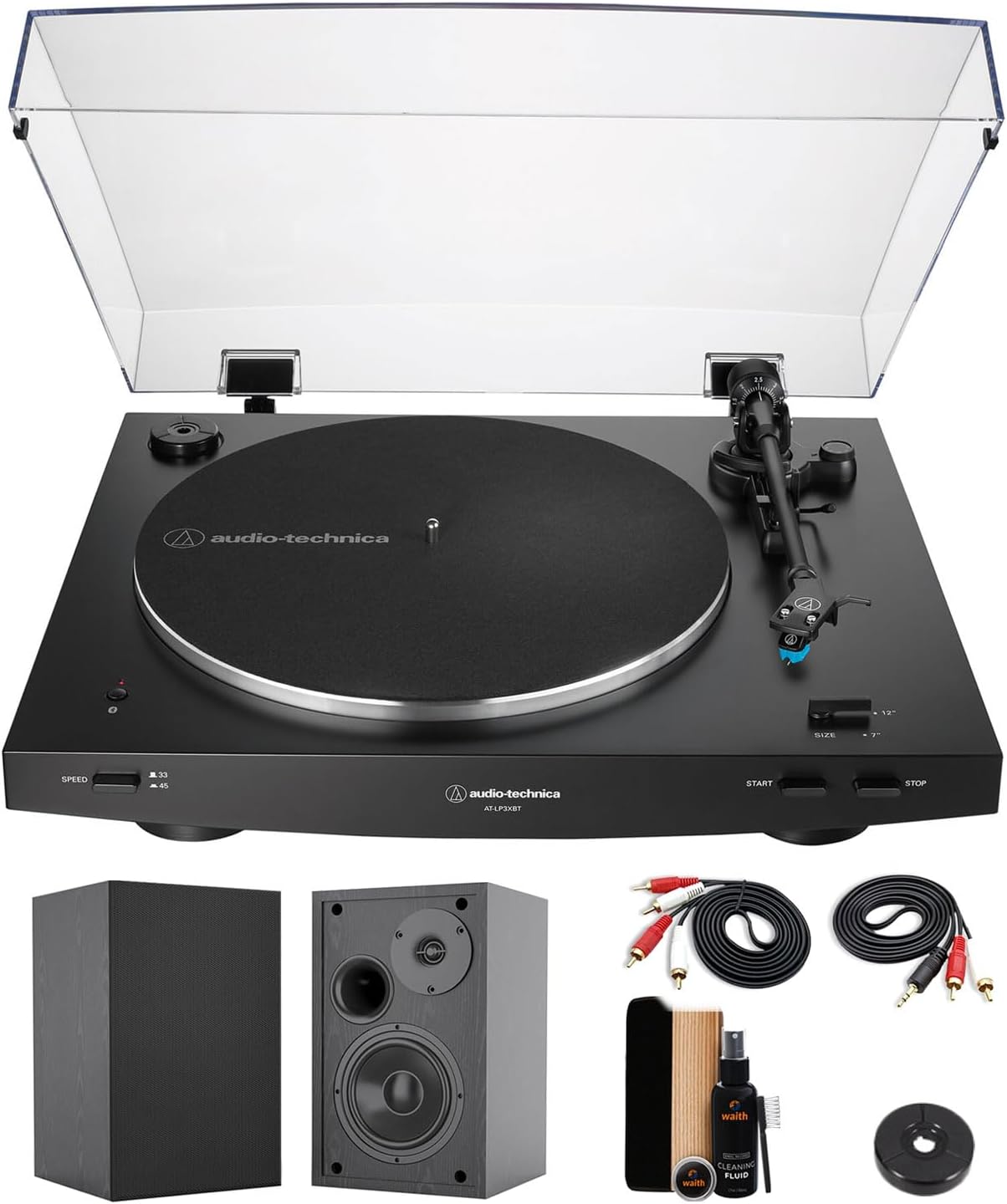 AT-LP3XBT Fully Automatic Belt Drive Two-Speed Bluetooth Turntable (Black) with 45 RPM Adapter, 4 Inch Bookshelf Speakers (Pair) and Waith Record Cleaning Kit (Essential Bundle Set)