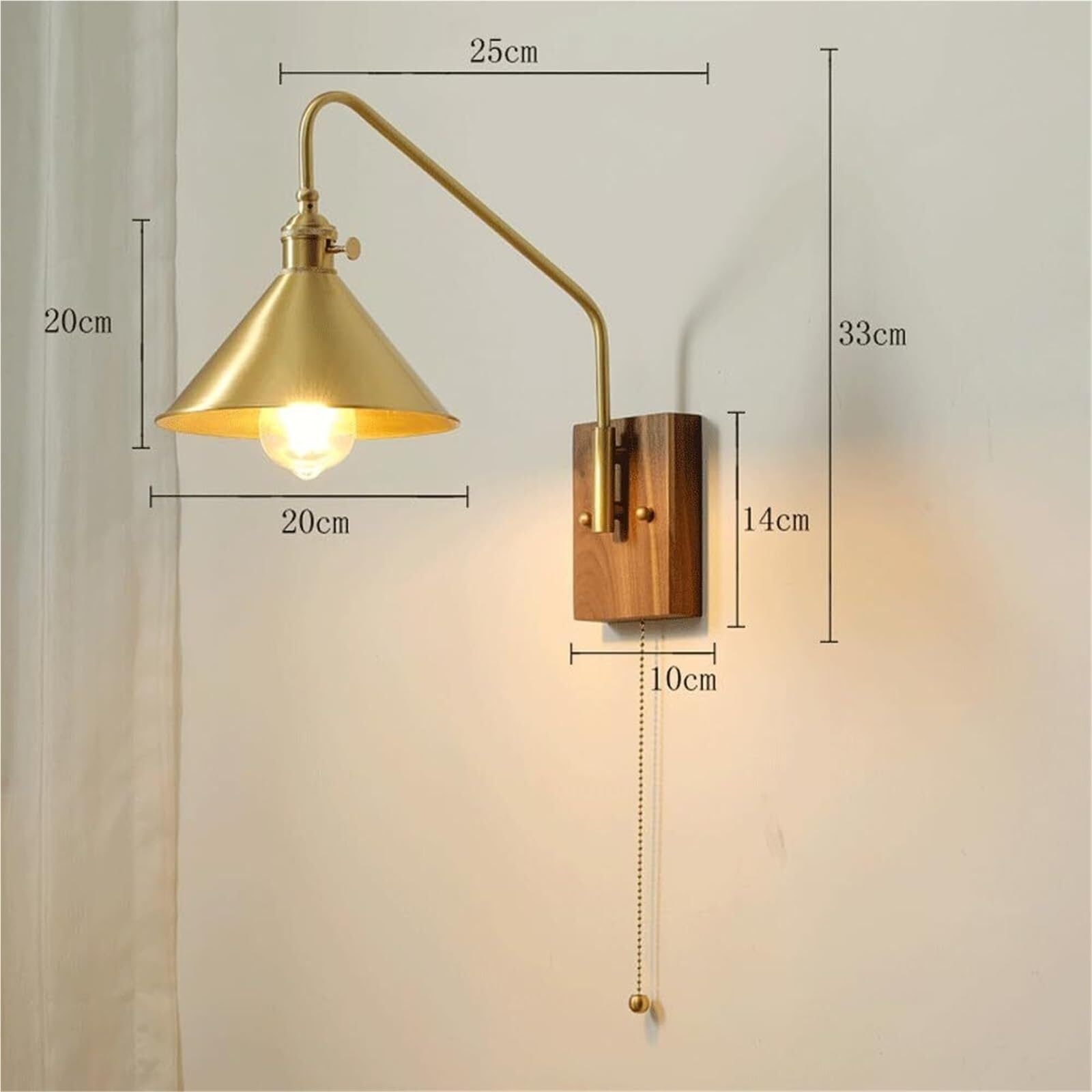 moderm regulowana mosiężna lampa ścienna z przełącznikiem łańcuchowym, podstawa z orzecha włoskiego do salonu, sypialni, hotelu