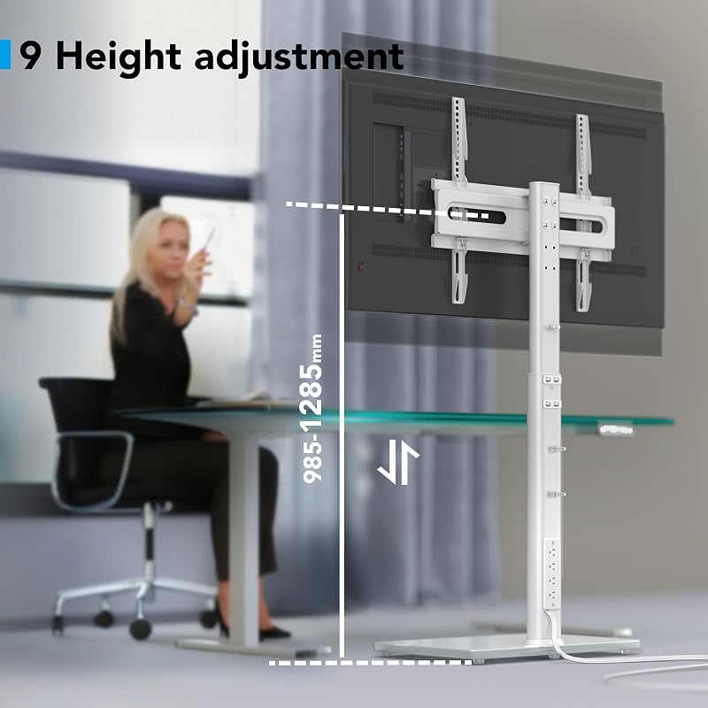 AX WABER Floor TV Stand with Power Outlet, Universal TV Stand Mount for 27-65 inch TV up to 88lbs, 70 Degree Swivel 9 Level Height Adjustable with Tempered Glass Base for Bedroom, Office White image 3