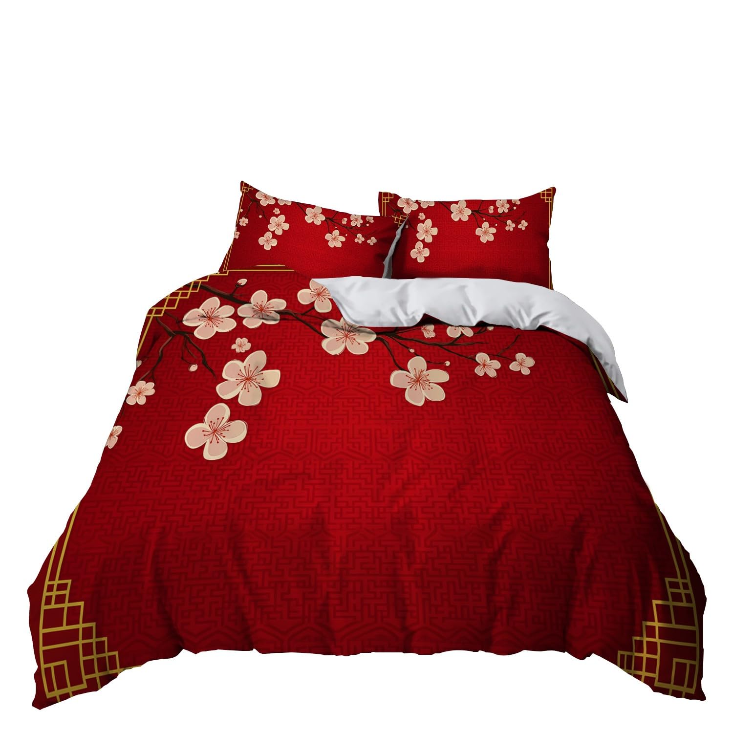 Funda nórdica 150 x 200 cm Rojo, Juego de Ropa de Cama para Flor De Cerezo Japonés 3 Piezas, Incluye 1 Funda nórdica y 2 Fundas de Almohada 50 x 75 cm