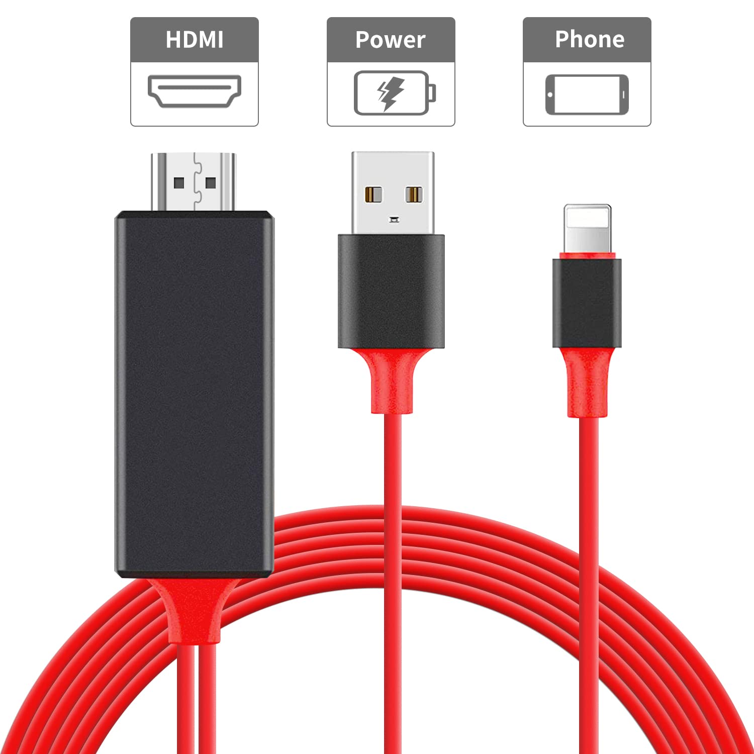 [Apple MFi Certified] Lightning to HDMI Adapter Cable, Compatible with iPhone/iPad/iPod to HDMI 1080P Digital AV Sync Screen Adapter with Charger Port Connector to HD TV/Projector/Monitor, 6.6ft Red - Red