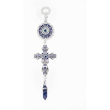 LUCKBOOSTIUM Blue Crystal Cross & Mandala Evil Eye Amulet with Hanging Stone - Car & Home Charm Ornament for Growth, Energy, Protection, Rearview Mirror Accessory 2"x8", Blue Spotted Stone