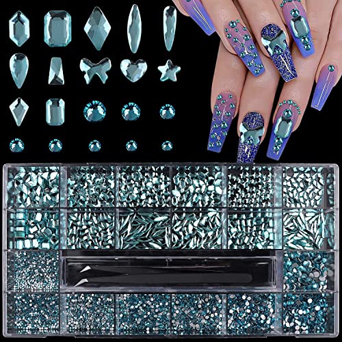Ebanku 3100Pcs Blue Rhinestones For Nail Crystals Diamonds Flatback Nail Gems Nail Art Rhinestones Diamonds Round Hearts Multi Shapes Nail Rhinestones (Lake Blue Diamond) #TOP23