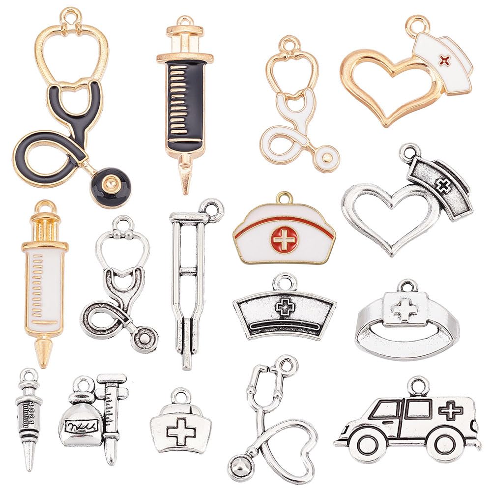 SUNNYCLUE 1 Scatola 72 Pezzi Ciondoli Infermiera Ciondoli Medici Ciondolo Medico Smalto Stetoscopio Siringa Infermiera CAPS Cappello per Creazione di Gioielli Fascino Giorno Inferm