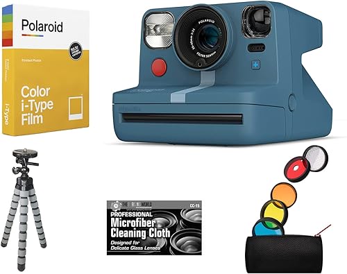 Paquete de Polaroid Now Plus Cámara de película instantánea tipo I conectada con Bluetooth azul tranquilo  trípode de mesa  paquete de película