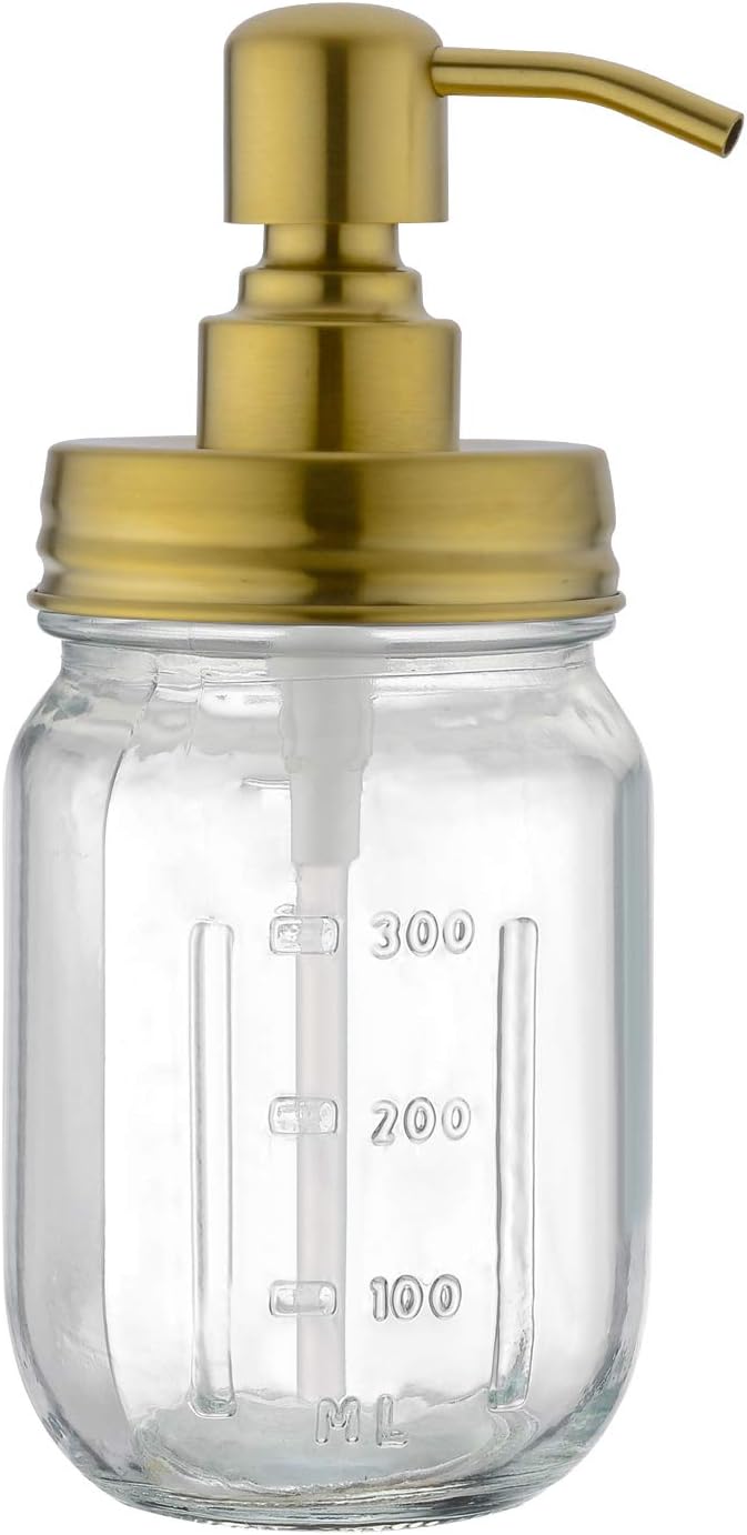 GICASA Mason Jar Soap Dispenser, Rustproof 304 Stainless Steel Soap Dispenser Pump, Gold Countertop Glass Soap Dispenser Bathroom