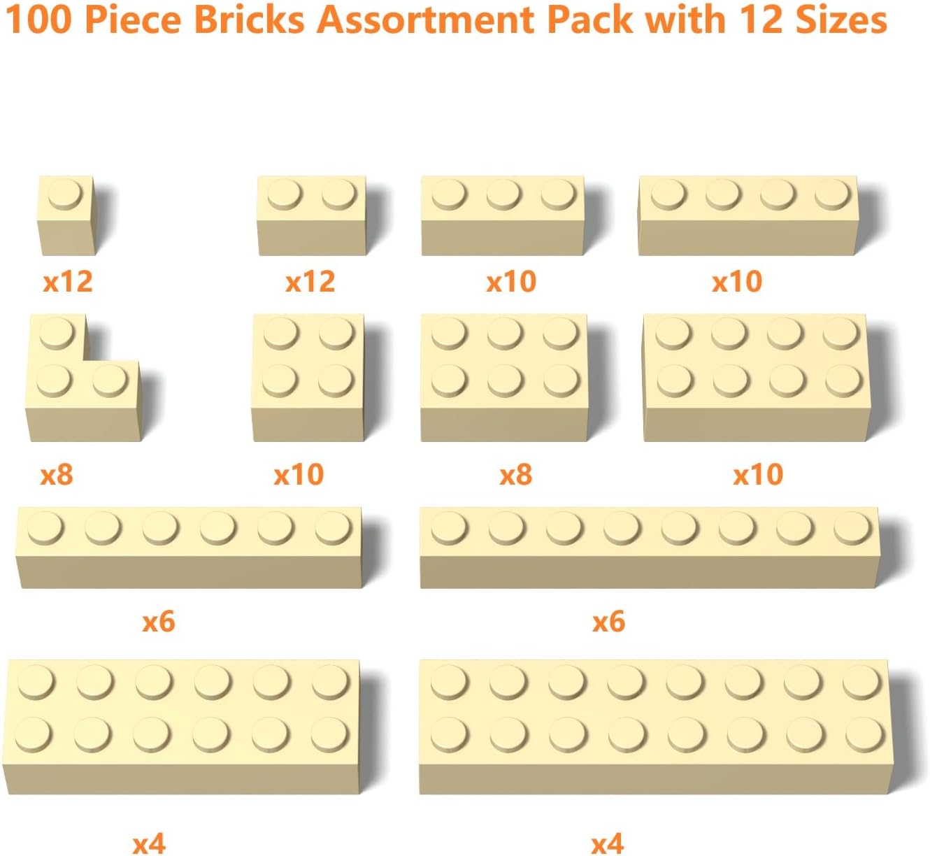 100 Piece Building Blocks Assortment Pack - Tan Bricks with 12 Sizes, Compatible with Lego Parts image 2