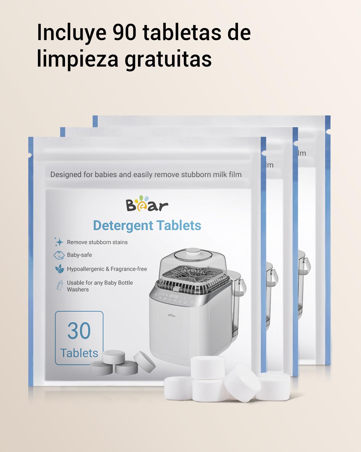 Bear Bottle Washer Pro - Limpiador Automático para Biberones | Limpieza Rápida, Esterilización a Alta Temperatura y Secado | 90 Tabletas de Limpieza Incluidas | Capacidad para 4 Biberones y Accesorios