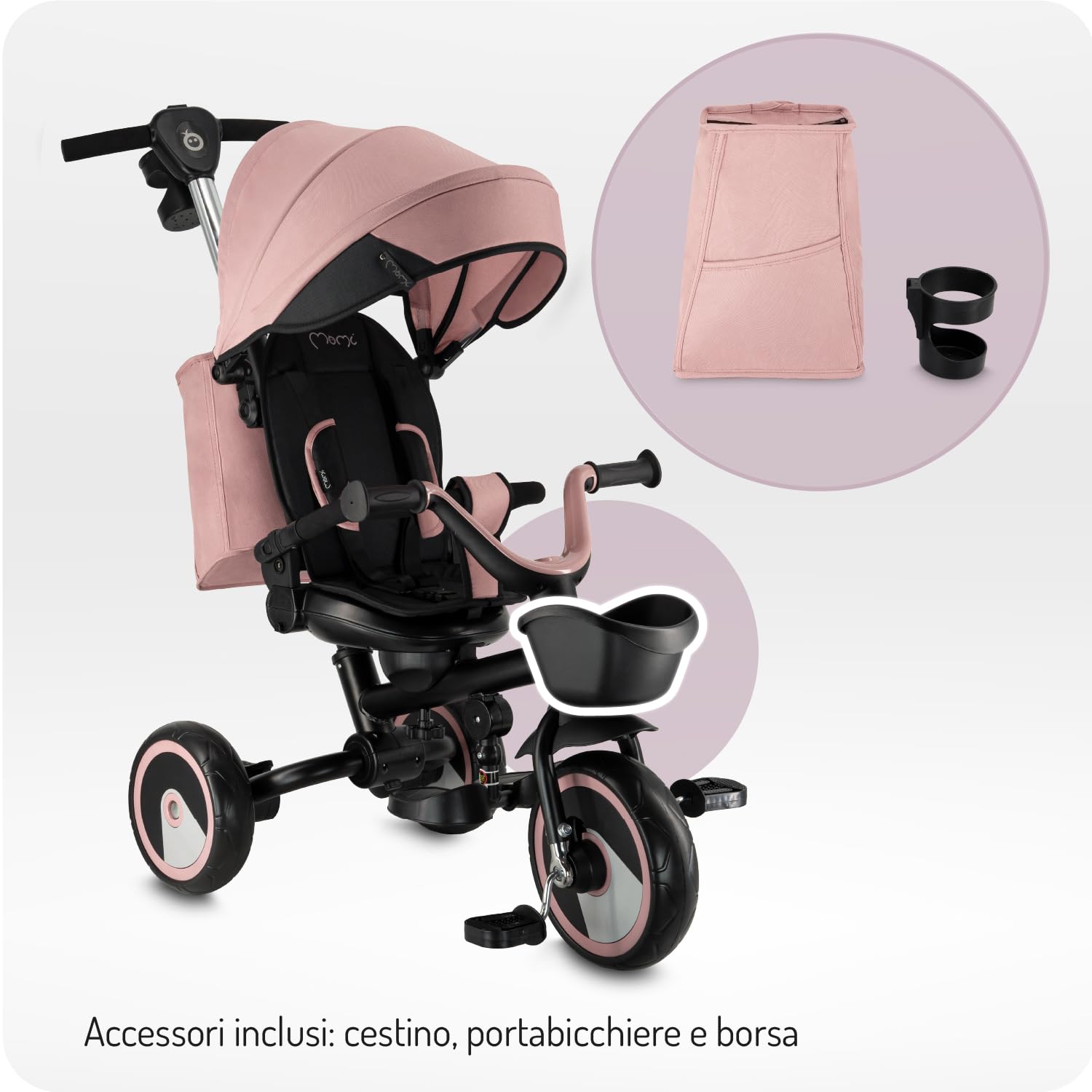 Triciclo per bambini MoMi IVI, seduta girevole 360°, cinture a 3 punti, poggiapiedi, tettuccio parasole, ruote EVA, manubrio regolabile, borsa e cestino portaoggetti
