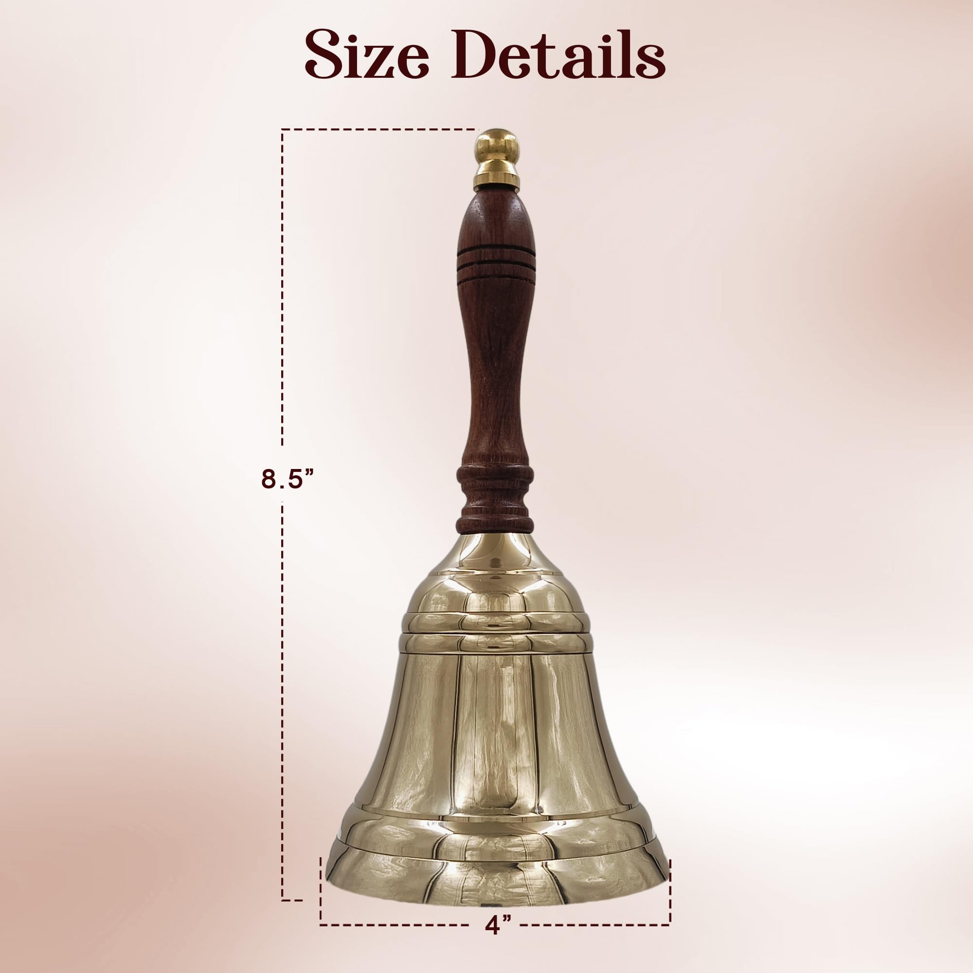 Campana de latón macizo con mango de madera de calidad de 8.5 pulgadas de alto, 4 pulgadas de profundidad, perfecta para cenas, interiores, exteriores, escuela, bar, recepción, último pedido e iglesia