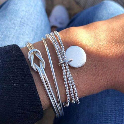 Dmaiy Boho Layered Knot Bangle Stackable Bracelets Silver Dainty Coin Beaded Hand Jewelry for Women and Girls 5Pcs (Coin)
