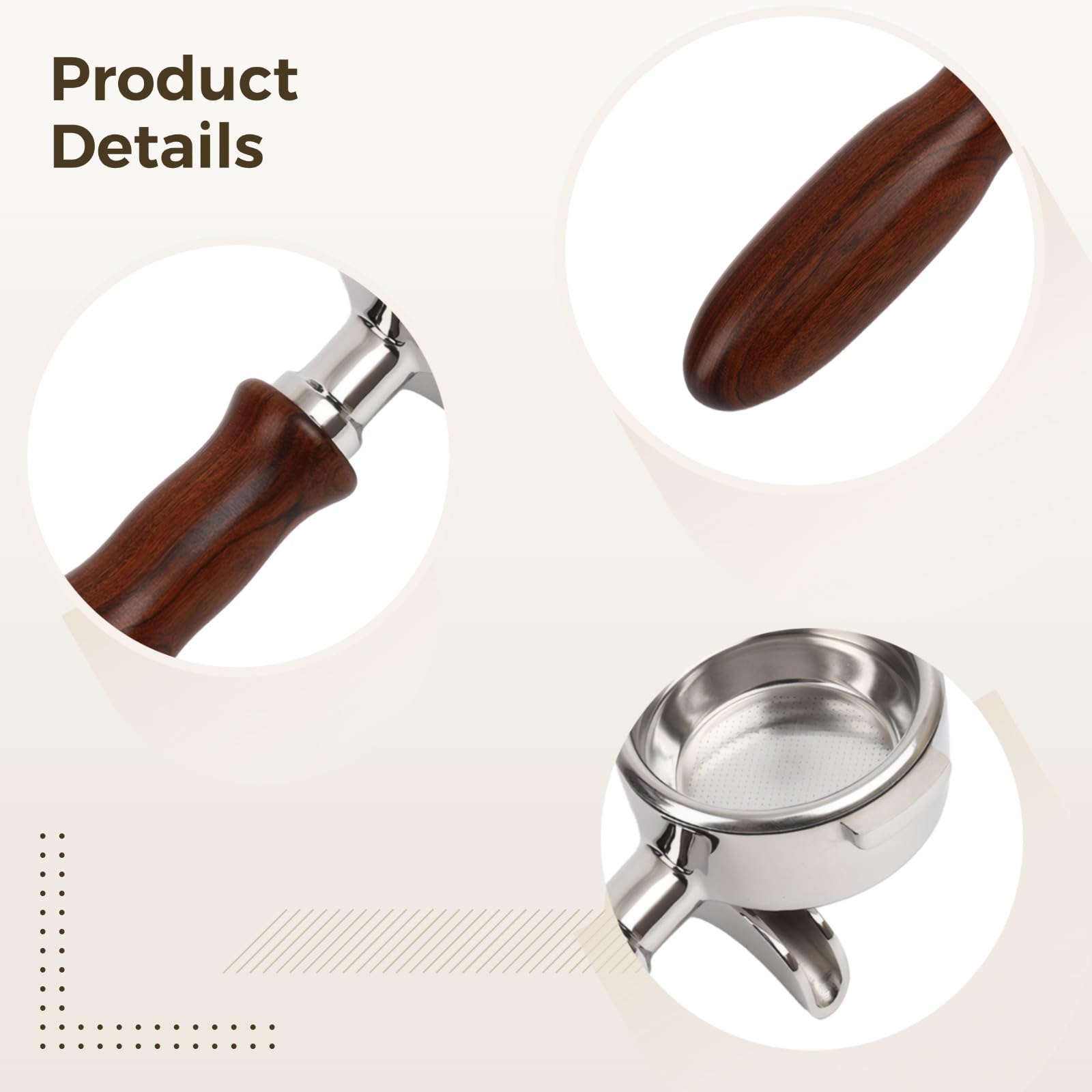 Portafiltro para espresso de 58 mm para E61, doble boquilla, mango de palisandro, 9.2 in / 23,4 cm, acero inoxidable, compatible con cabezal de preparación E61, para barista, cafetería, café expreso