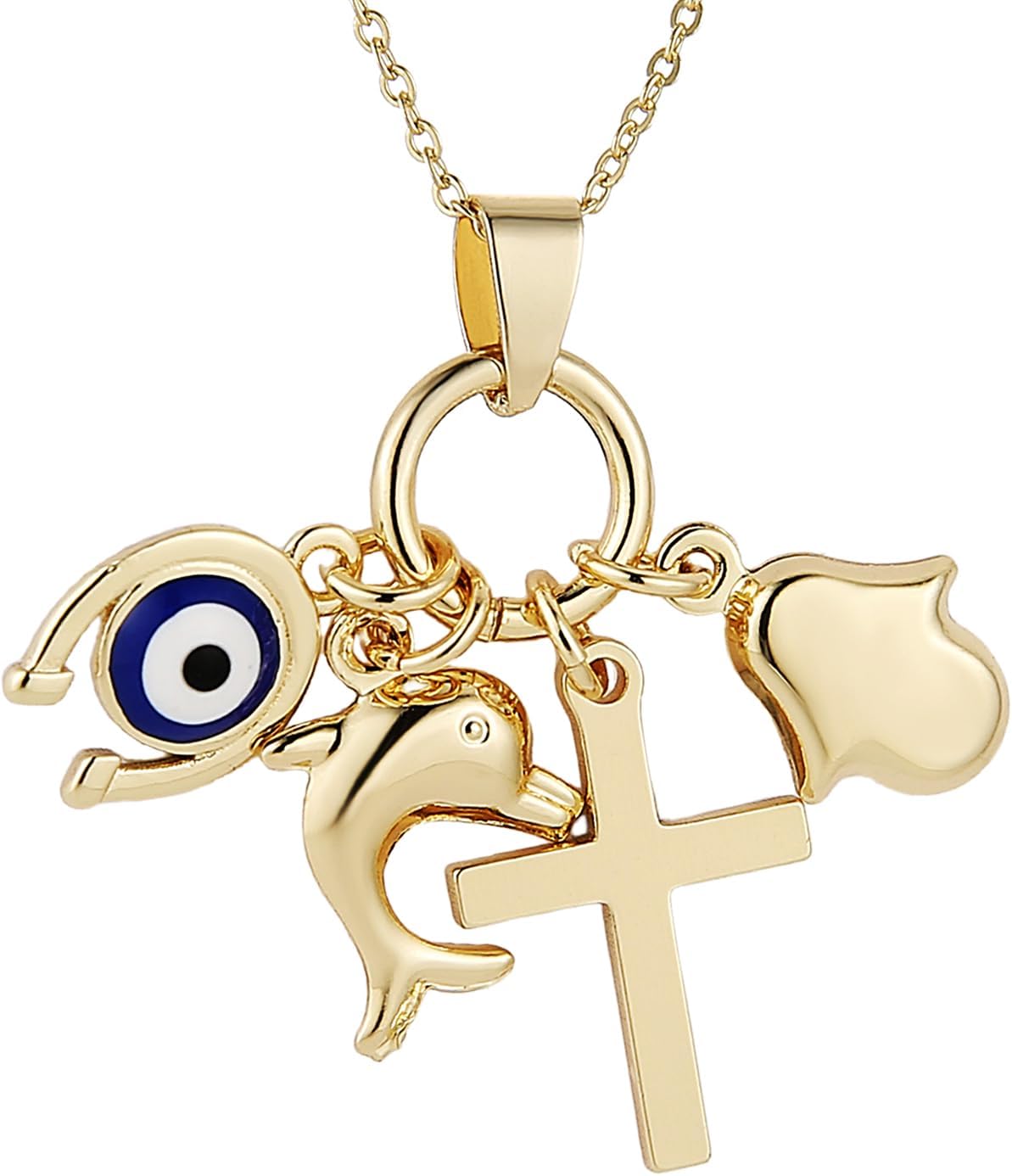 HZMAN Evil Eye Hamsa Cross Necklace for Women, Gold Brass CZ Pendant, Religious Gifts for Christian Catholic