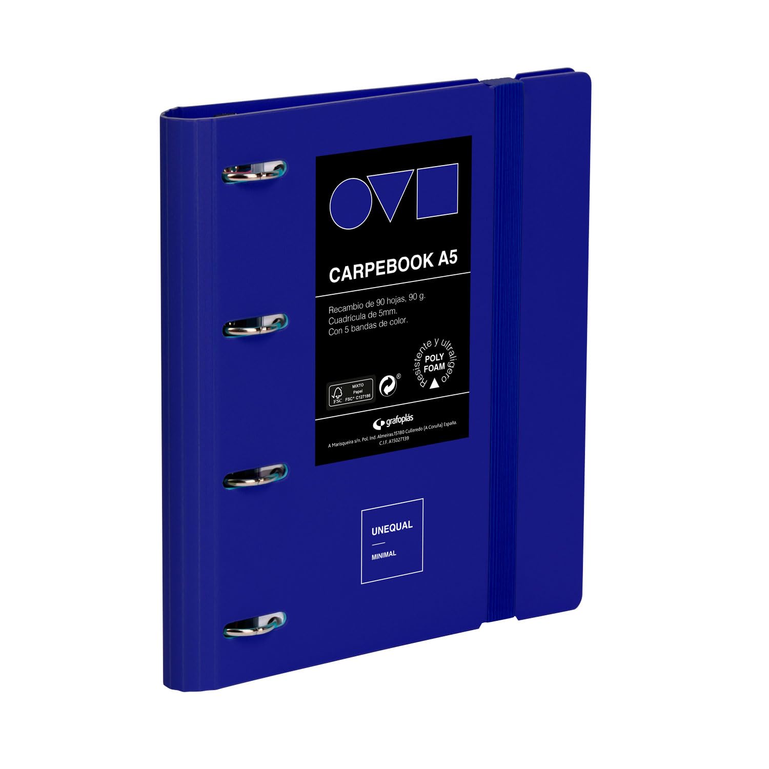 Grafoplas | 4 Ring Binder A5 | Carpebook Polyfoam | Durable and Ultralight | Minimal Unequal Blue | Includes Refill | Round Rings 25 mm | Perfect for Organizing School Subjects