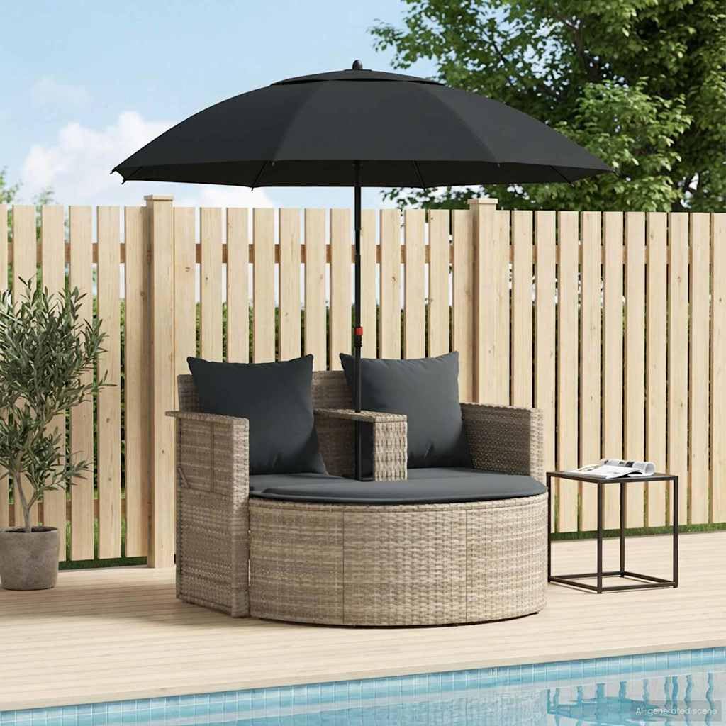 Set divano da giardino con ombrellone in polyrattan grigio | Comodo set lounge a 2 posti con tettuccio parasole inclinabile e sgabello per terrazza, giardino e veranda in grigio chiaro.