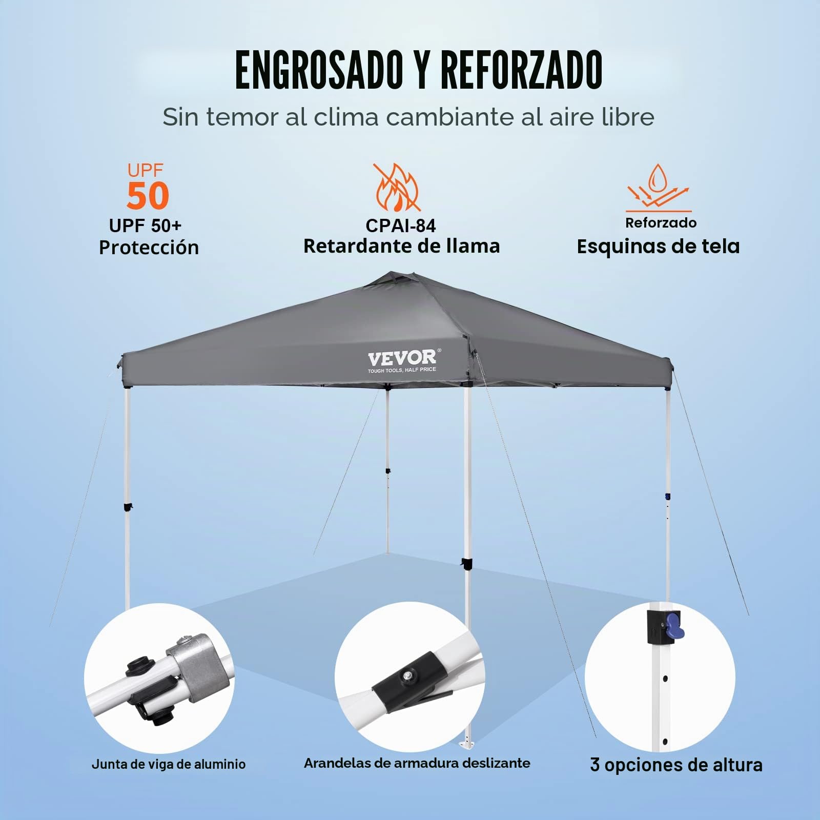VEVOR Carpa Gazebo Emergente 304,8x304,8 cm Toldo para Cenador Tela Recubierta de Plata PU 250D Marco de Acero al Carbono con Bolsa con Ruedas 4 Sacos de Arena para Exterior, Jardín, Camping, Gris