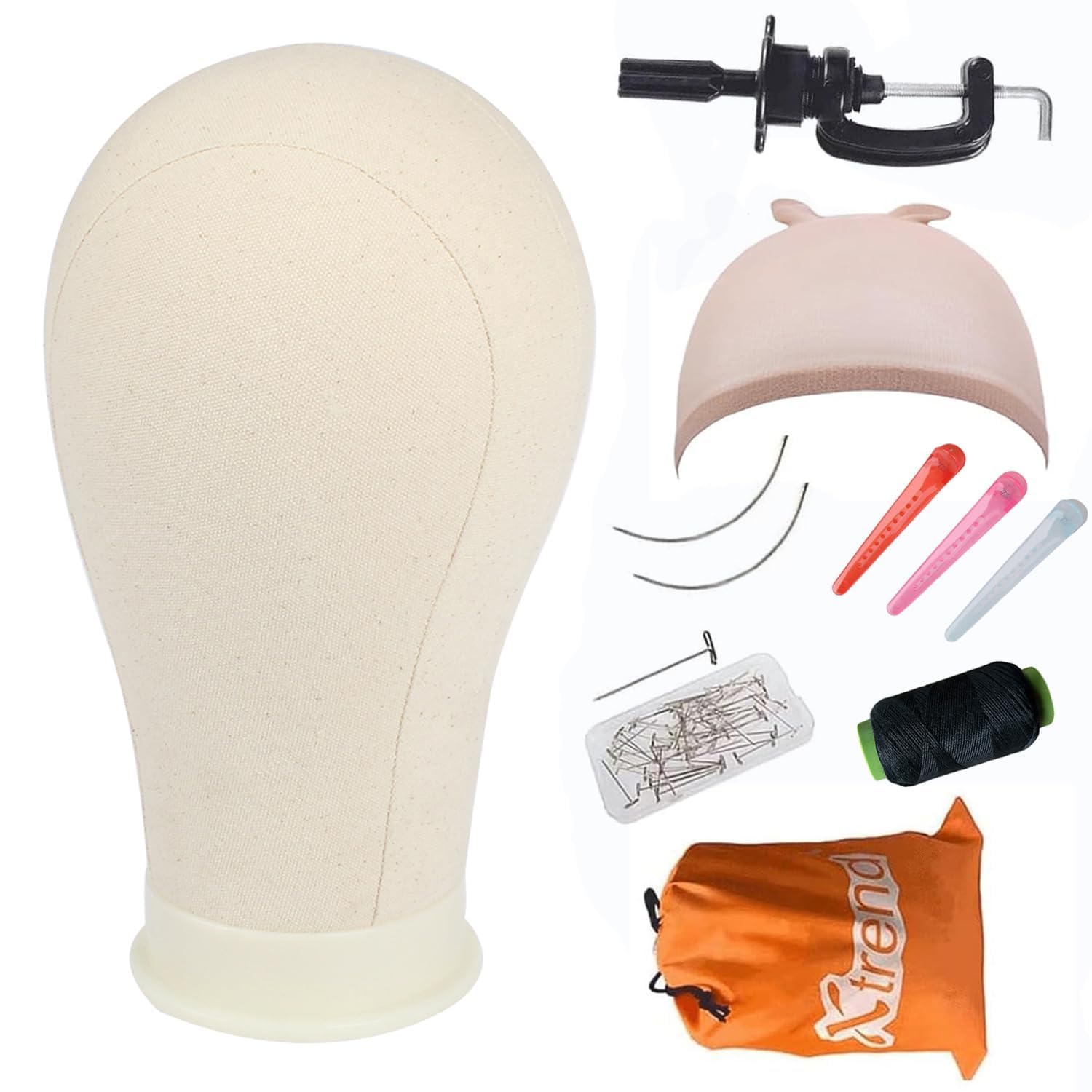 XTREND 21"-24" Canvas Wig Head Poly Manikin Head for Making/Drying/Styling Wigs Model Training Head Professional Mannequin Head with 20 Pcs T Pins and Clamp Stand 23 Inch