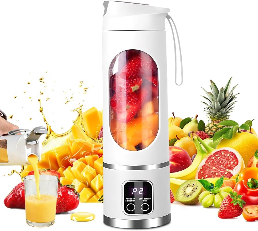 Portable Blender Smoothie Maker, 450ml USB Rechargeable Smoothie Maker with 12 Blades & Travel Lid for Smoothies Milkshakes Fresh Juices & Iced Drinks, Blender Cup for Home, Gym, Outdoor (White)