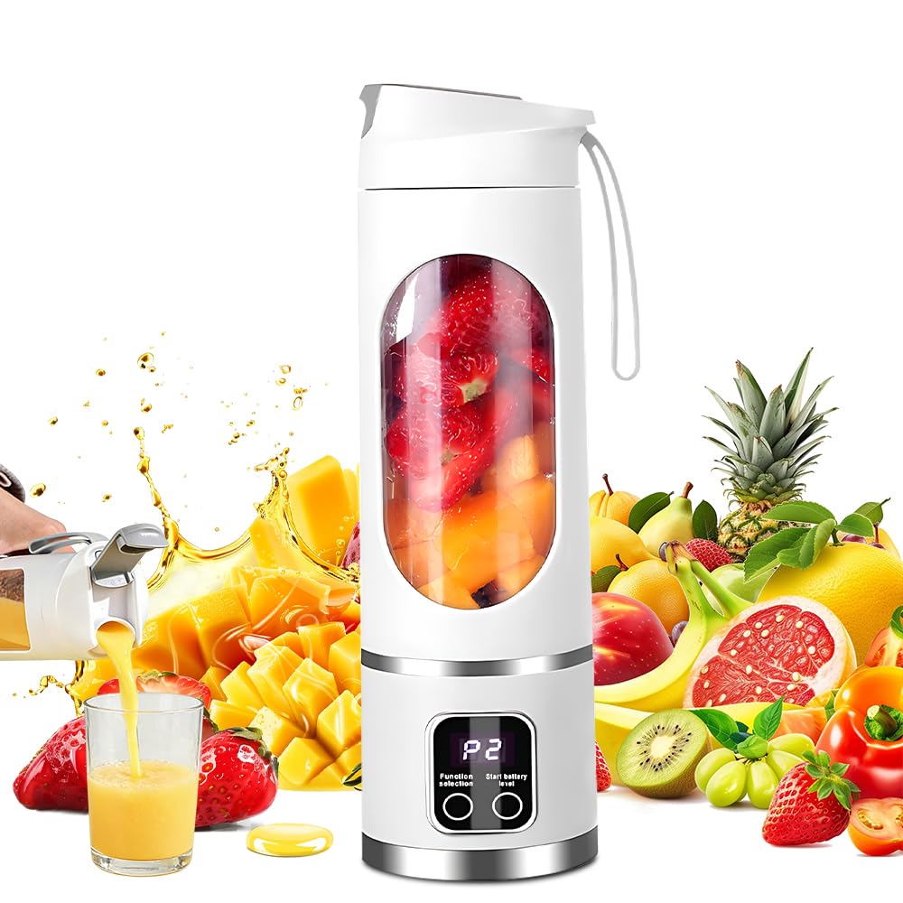Portable Blender Smoothie Maker, 450ml USB Rechargeable Smoothie Maker with 12 Blades & Travel Lid for Smoothies Milkshakes Fresh Juices & Iced Drinks, Blender Cup for Home, Gym, Outdoor (White)