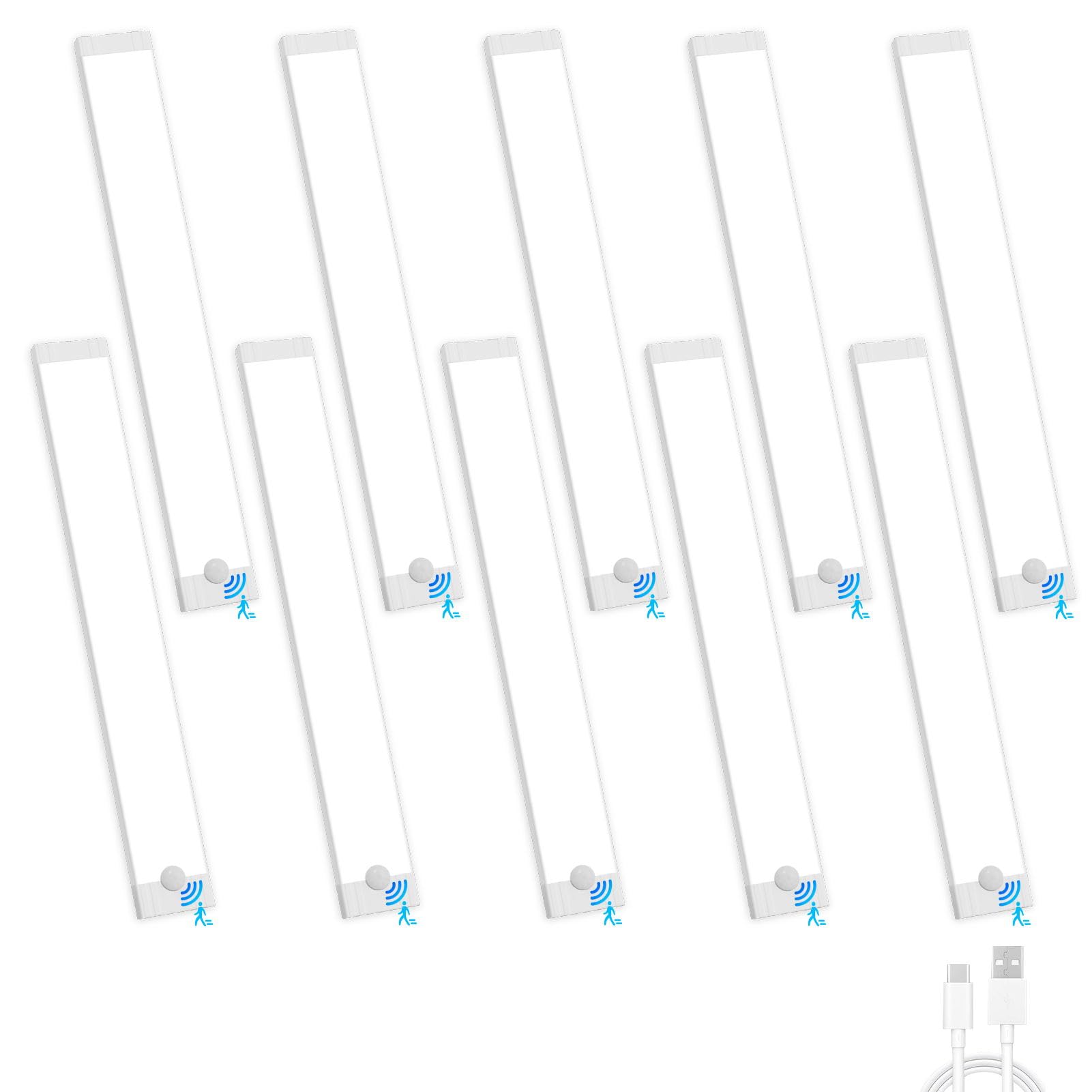 Sararoom 10Pack 50cm Under Cabinet Kitchen Lights, 70LED Cabinet Light Motion Sensor Indoor, 6500K Dimmable Wardrobe Light, Wireless USB Powered Strip Lights for Shelf Stairs Counter Closet