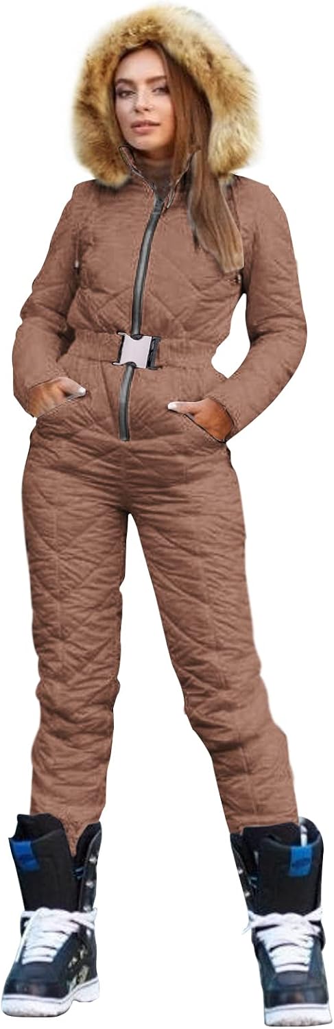 Yousify Womens Winter Ski Suit One Piece Hooded Fur Collar Ski Jumpsuit Snowsuit Outdoor Sports Coat - Image 4