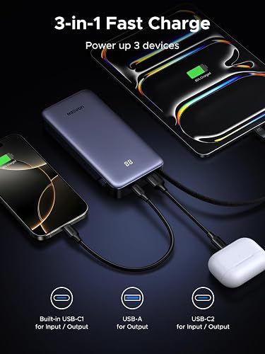 UGREEN Nexode Power Bank with Built-in Cable 20000mAh 45W In & Out Fast Charging 3-Way Output Portable Charger Mobile Phone Battery Pack Compatible with Galaxy S25, iPhone Air/17/16, iPad, Laptop - 5