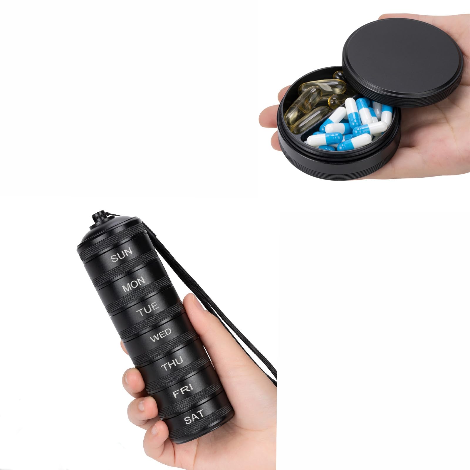 Portable 2 Compartment Pill Box Daily Weekly Metal Pill Organizer - Waterproof Aluminium Alloy Pill Container for Vitamin