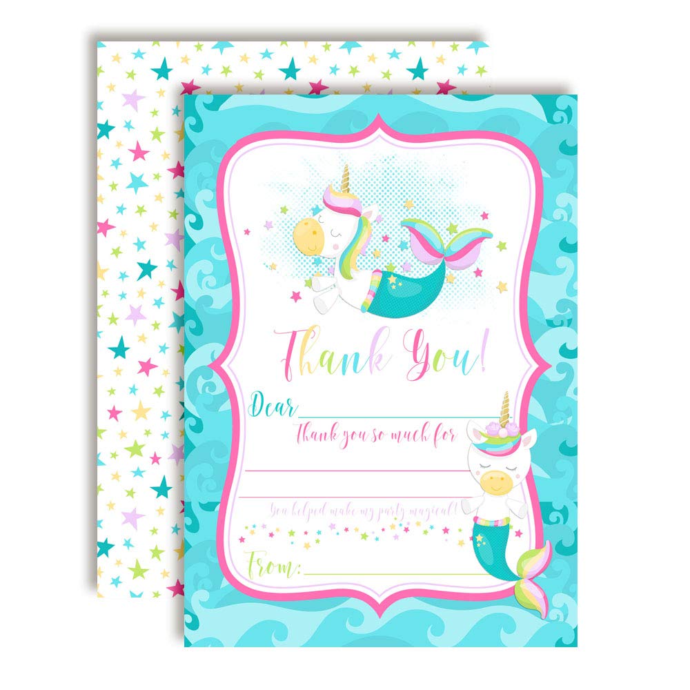 Magical Unicorn Mermaid Themed Thank You Notes for Kids, Ten 4" x 5.5" Fill In The Blank Cards with 10 White Envelopes by AmandaCreation