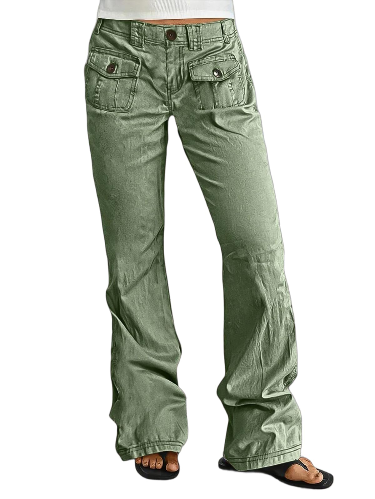 Flamingals Straight Leg Mid Waist with Solid Flap Pockets Pants for Women
