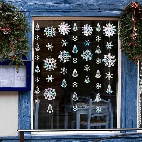 Image of 40 Ft Snowflakes Party Decorations Iridescent Snowflakes Bell Garland Holographic Big Snowflakes Hanging Streamer Backdrop for Winter Wonderland Christmas Holiday Birthday Home Window Wall Room Decor