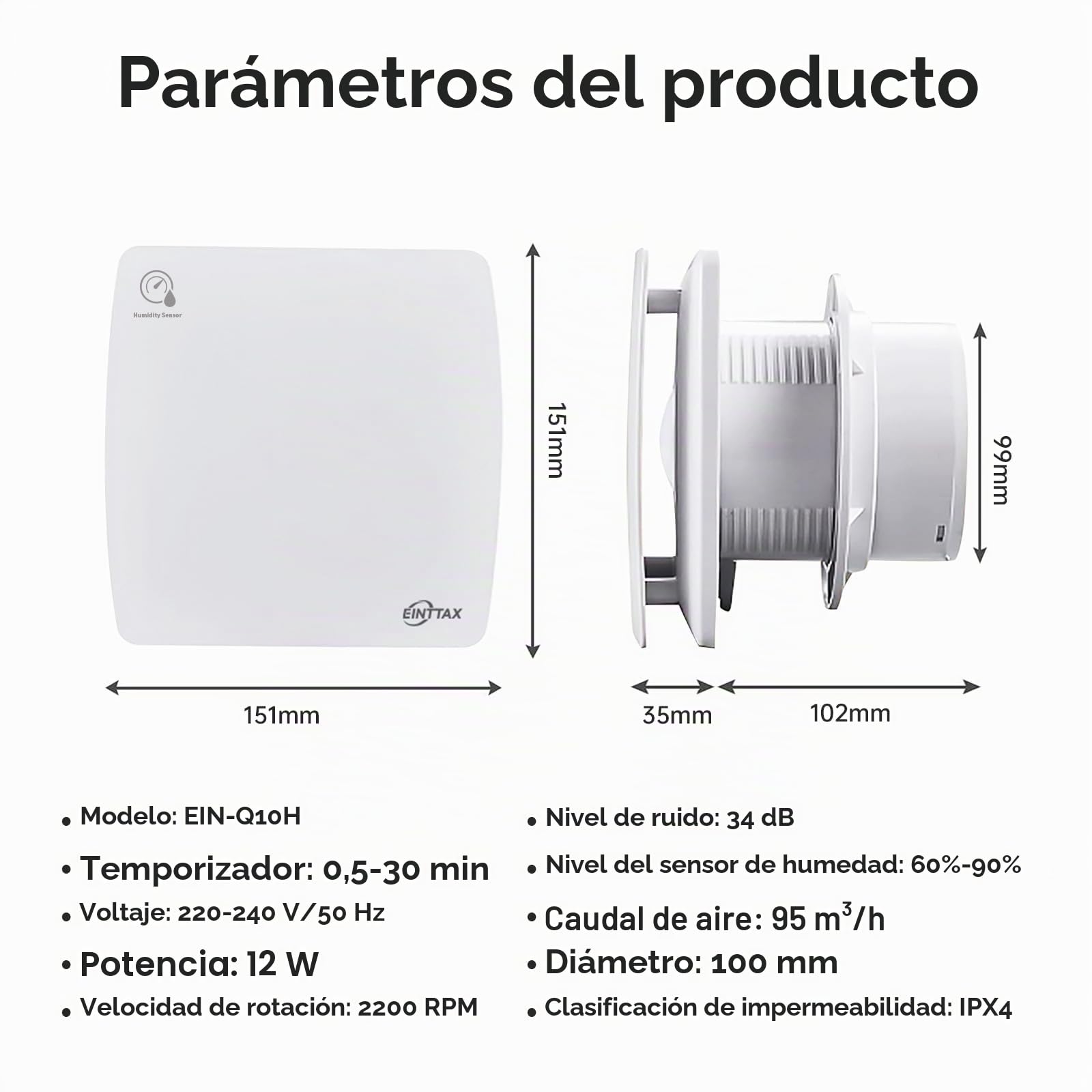 Ventilador extractor silencioso de 100 mm para baño con sensor de humedad y temporizador, ventilador cuadrado blanco para baño 95 m³/h, ventilador extractor de pared/ventana para cocina, ducha