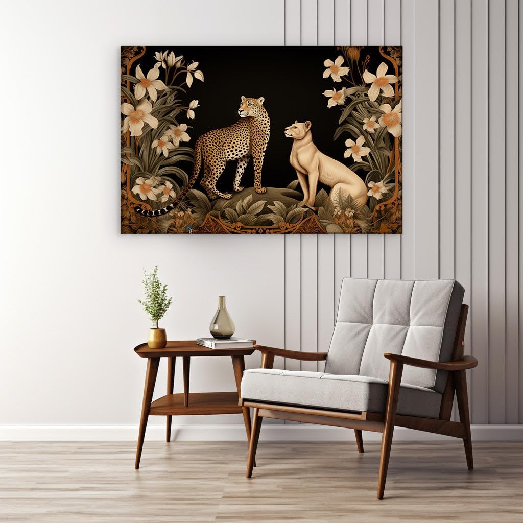 Canvas for Living room. Majestic Felines in Harmony: The Art of the Leopard and Lioness in a Lush Floral Embrace, 27 x 18 inch Canvas Wall Art - Ready to Hang - 69x46 cm (27x18 inch)