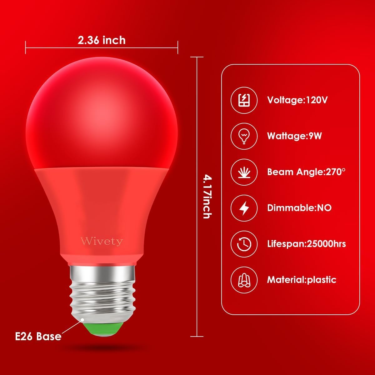 Red Light Bulb, A19 E26 Base, 9W LED Red Lightbulbs for Outdoor Porch, Indoor Party Decoration, Holiday Lighting, Halloween Decor, Christmas Decoration, (6 Packs)