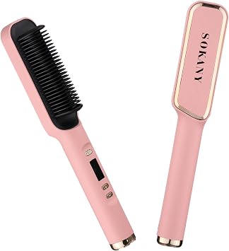 2-in-1 Hair Straightener Brush for Women, Hot Comb with Adjustable Temperature & LCD Display, Anti-Scald Design, PTC Fast Heating in 30s, Auto Shut-Off, Professional Styling Tool Pink