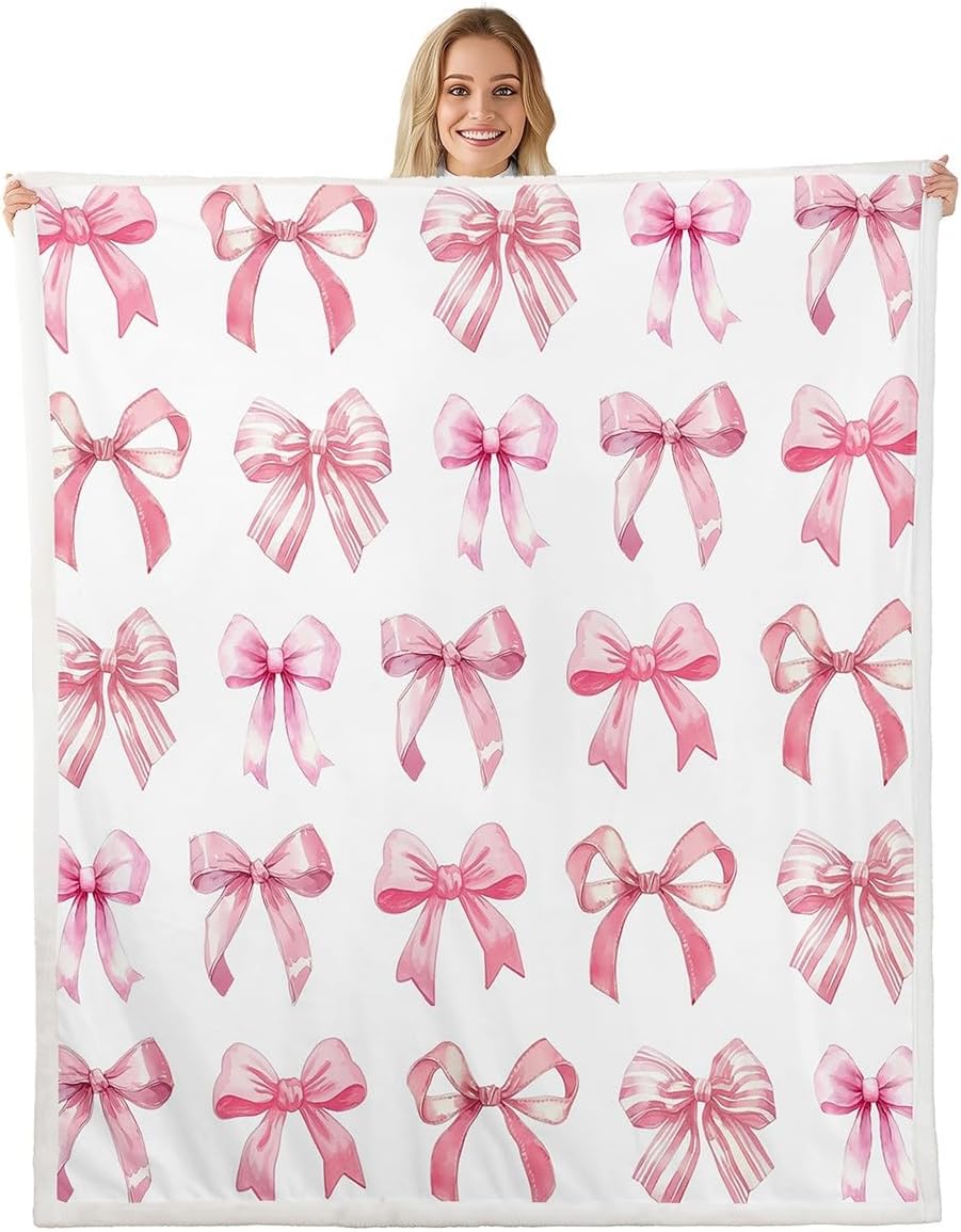 Pink Bowknot Throw Blanket,Girly Princess Style Bed Plush Blanket for Rustic Home Decor,3D Bow Girl Fleece Throw Blanket for Bedroom Sofa Room Decor,Watercolor Pink White Bed Blanket,60"x80"