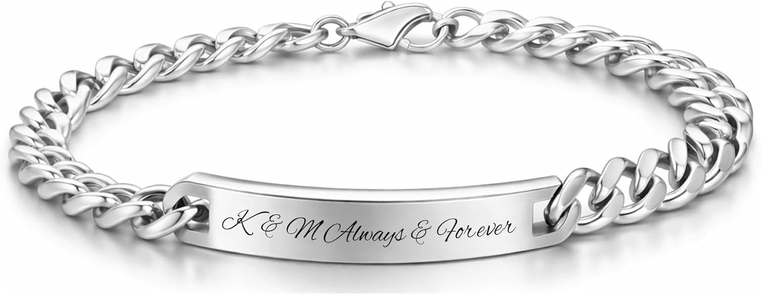 A & L Engraving Personalized Silver Stainless Steel Men's ID Bracelet Curb Link Custom Engraved Free - Made in USA