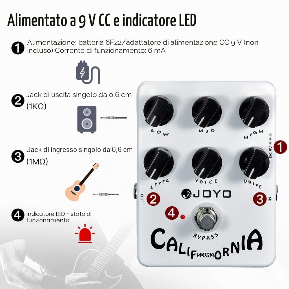 JOYO Overdrive - Amplificatore a pedale distorsione, suono rock, da OD a Dist, per effetti chitarra elettrica, Bypass (California Sound JF-15)