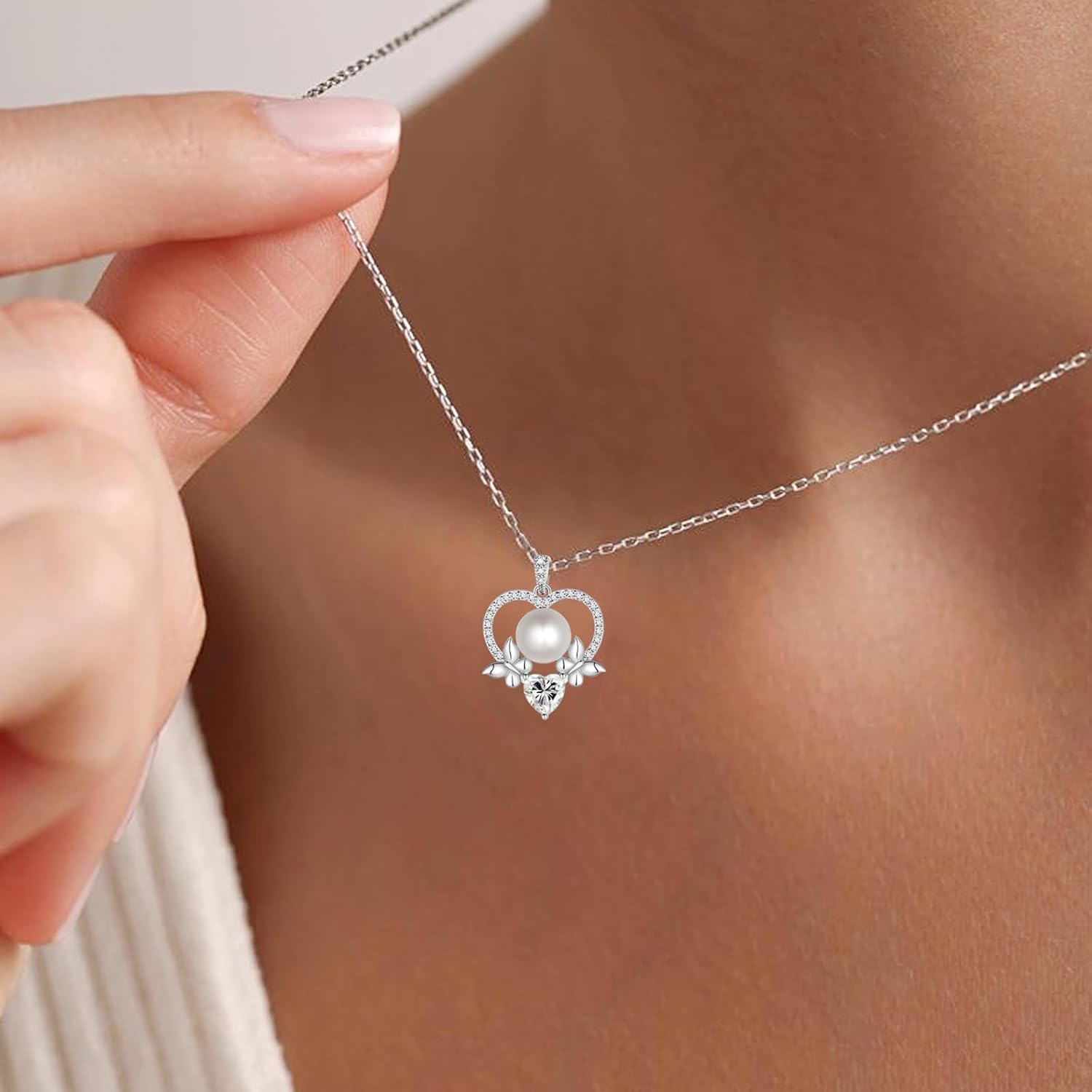 Jewmon Valentine Day Giftsf for Her Natural Freshwater Pearl Necklace for Women 925 Sterling Silver Butterfly Pendant Necklace Bow Cubic Zirconia Charm Elegant Pearl Wedding Bridal Jewelry for Her - Image 2