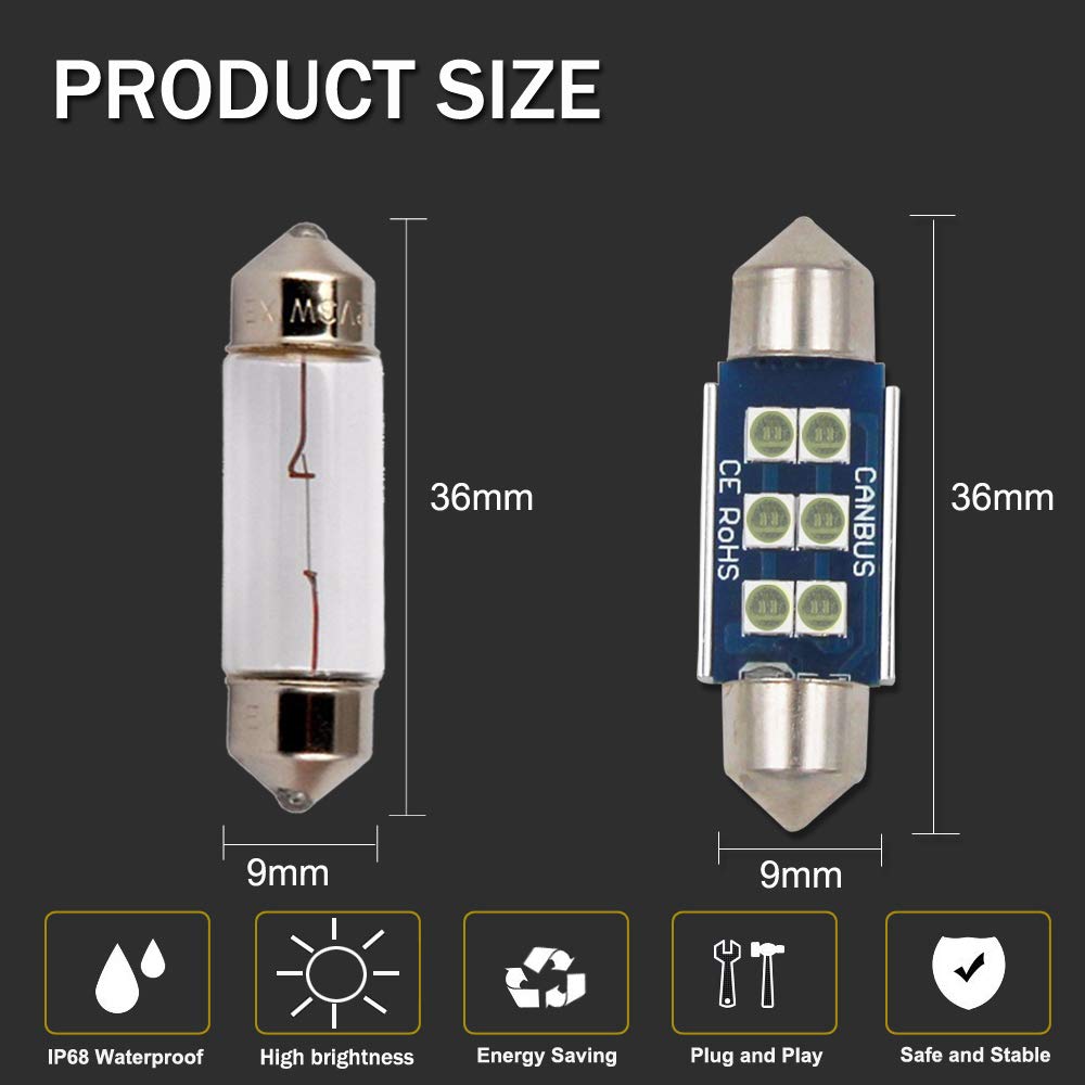 HSUN 36MM LED Lampadina C5W 6411 6413 6418 6461 6486X DE3423 DE3425 6LED SMD3030 Chip per Lettura Cupola Interna Mappa Luce,Blu Ghiaccio Confezione da 2