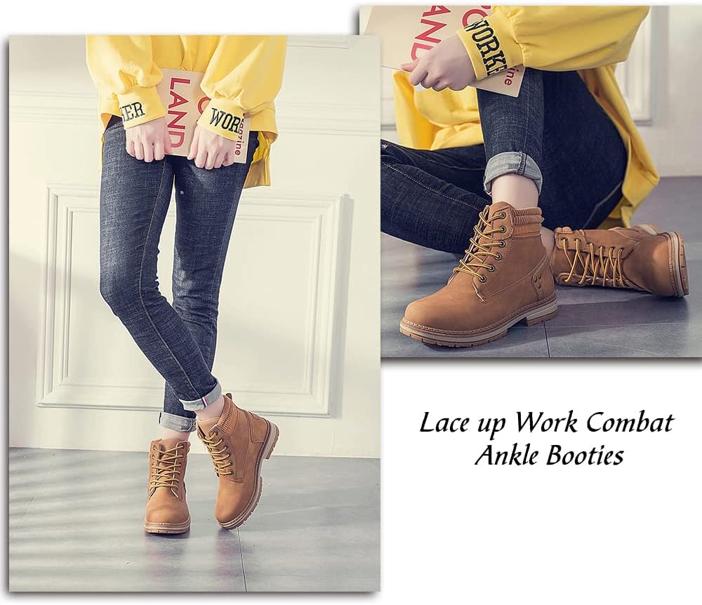 Athlefit Women's Work Waterproof Hiking Combat Boots Lace up Low Heel Booties Ankle Boots - Image 4