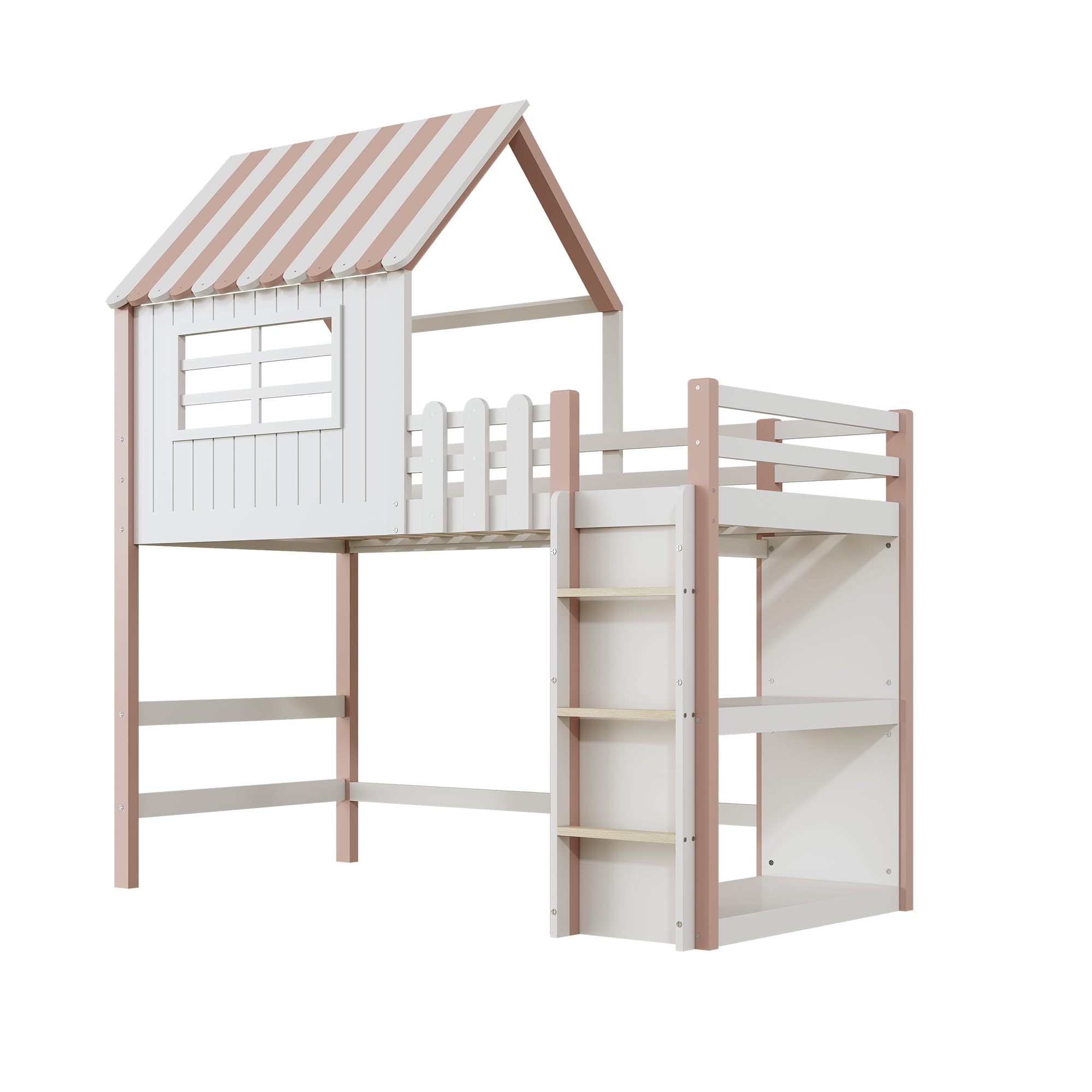 Hochbett 90x200, Kinderbett mit Ablagefach, Multifunktionsbett Massivholzbett mit Rausfallschutz und Lattenrost Holzbett, Rosa, ohne Matratze