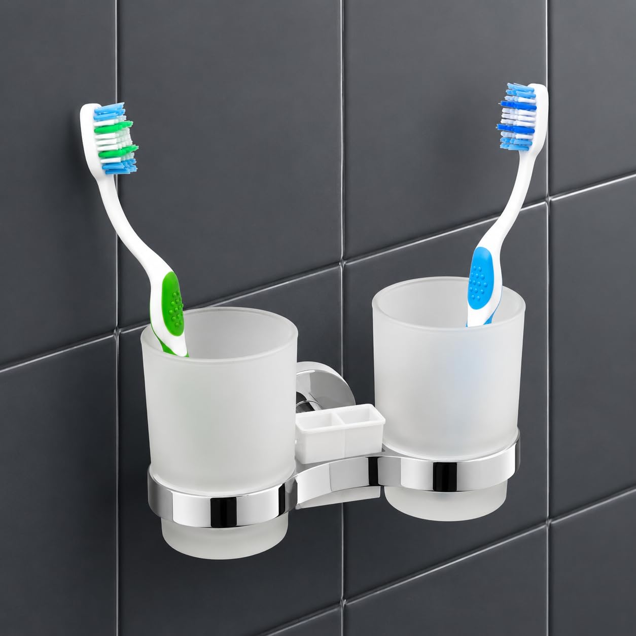 IPEA Samoprzylepny uchwyt na szczoteczkę do zębów z podwójną szklanką - bez wiercenia - nowoczesny design - stylowy uchwyt na szczoteczki do zębów i pastę do zębów na ścianę przyklejanie w łazience