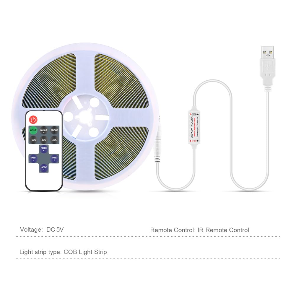 AoLa Taśma LED COB możliwością ściemniania 320 diod LED/m 5V z wtyczką USB i pilotem RF elastyczna taśma LED do samodzielnego montażu samoprzylepna do oświetlenia wnętrz,Warm light,5M