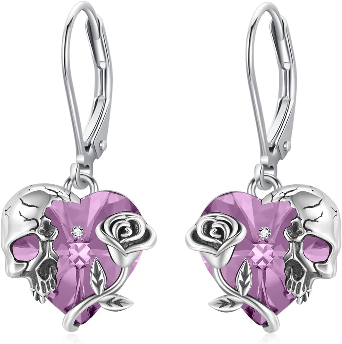 Rose Skull Earrings S925 Sterling Silver Heart Crystal Birthstone Dangle Drop Earrings Hypoallergenic Gothic Skull Leverback JJewelry Gift for Mom Daughter Wife