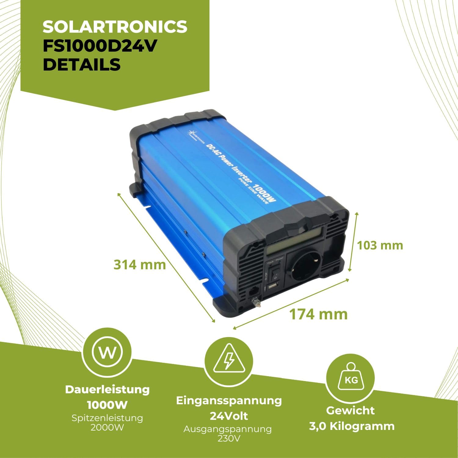 Solartronics FS1000D - Convertidor de tensión 24 V 230 V 1000 W con Pantalla – Onda sinusoidal Pura 24 V Arriba para Ruedas y caravanas – 2000 W Spitzenleistung – Silvestre & conexión USB
