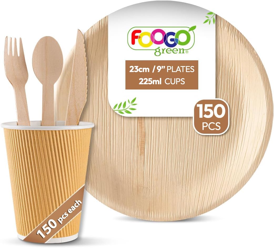 FOOGO Green 750pcs Disposable Palm Leaf Plates, Paper Cups and Wooden Cutlery Set, FSC® Certified, 150x Large Round Plates, 150x Cups, 150xForks, 150xKnives, 150x Spoons, Eco Friendly