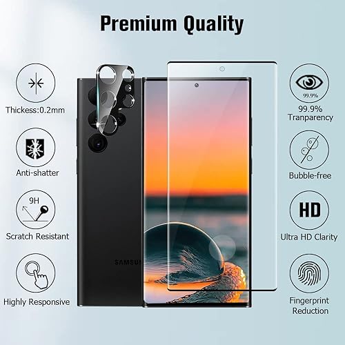 Miniatura 2 de Protector de pantalla para Galaxy S23 Ultra de 6.8 pulgadas y protector de lente de cámara, soporte de huellas dactilares, vidrio templado de dureza