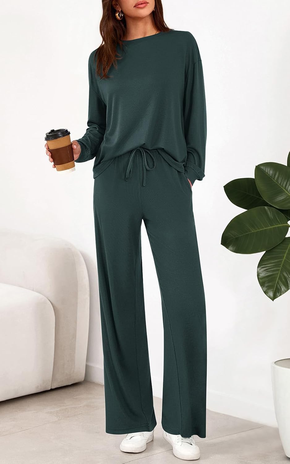 PRETTYGARDEN Womens 2 Pieces Lounge Sets Crewneck Long Sleeve Wide Leg Drawstring Pants Tracksuits Loose Fit Outfits Set - Image 3