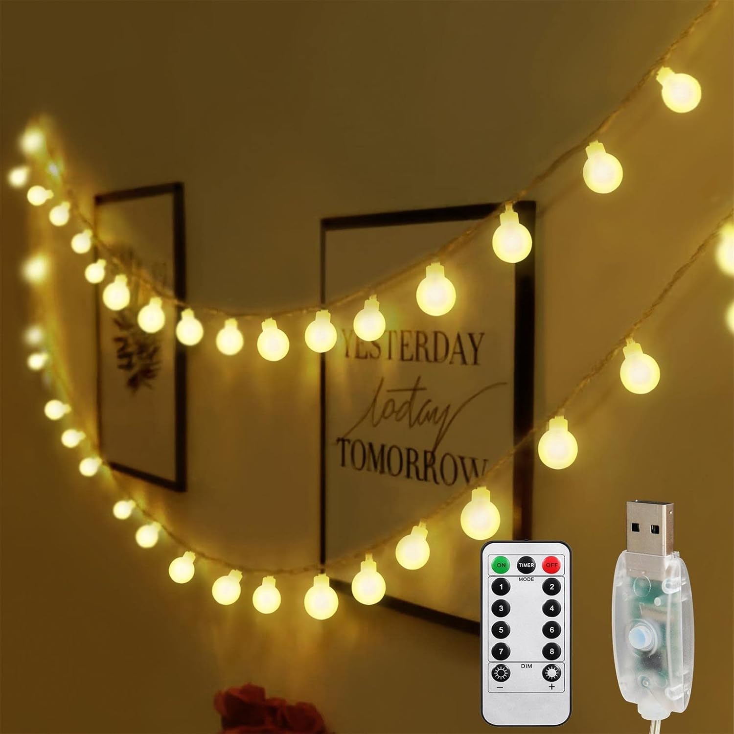 AMARS 34ft 100 LED Christmas Globe String Fairy Lights with Remote Timer USB Plug Bedroom LED Twinkle Ball Wall Hanging Decorative Lights for Tapestry, Patio, Garden, Xmas Tree, Wedding (Warm White)