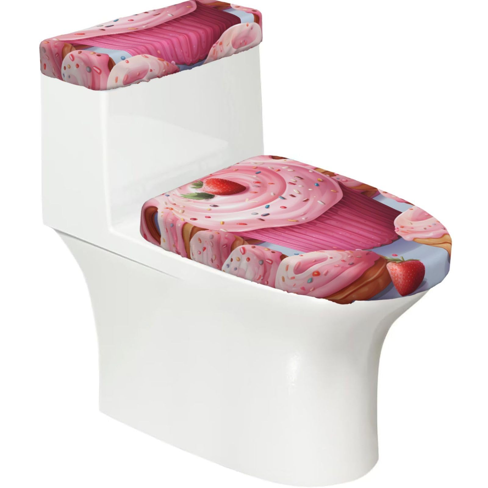 Fodpand Black Cupcake Toilet Lid Cover And Toilet Tank Cover Set, Washable Soft Toilet Seat Cover With Elastic Bottom, Universal Stylish Toilet Cover Set For Bathroom Decor Accessories